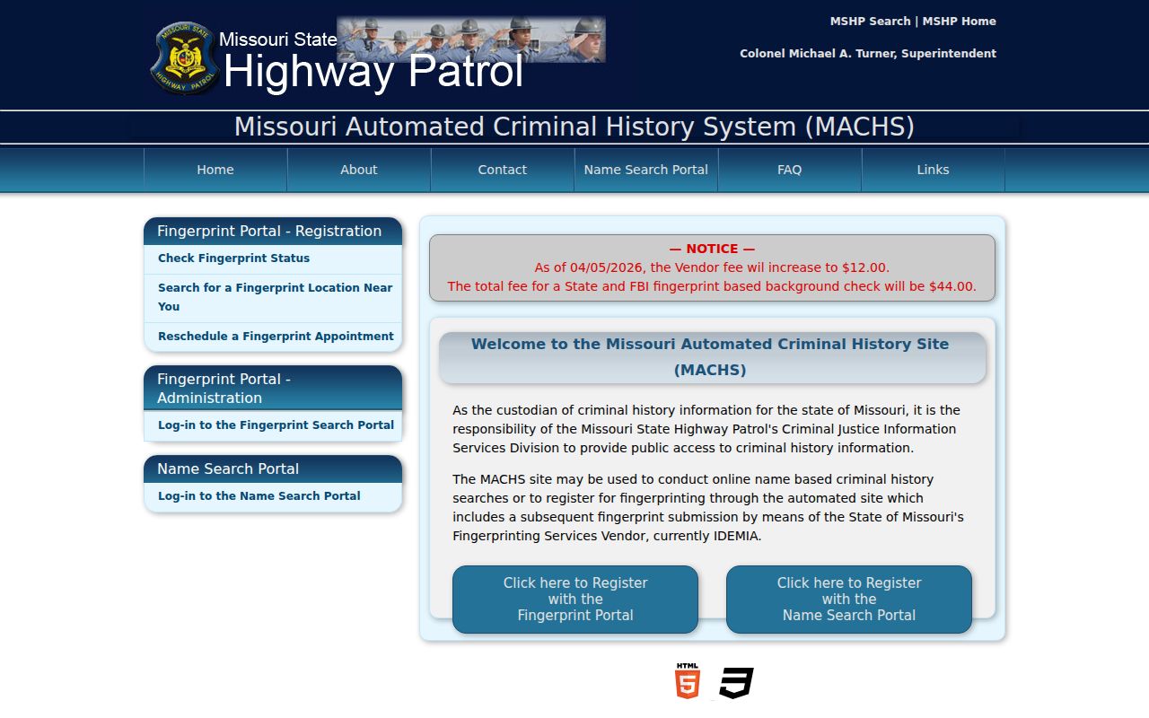 Howard County criminal history access through the Missouri MACHS portal